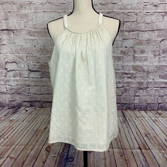 J. CREW Sleeveless Halter Blouse Nautical Anchor Print Tan White 4 - Picture 1 of 14